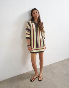 Model wearing Knitted vertical stripe co-ord polo top in multi