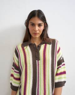 Model wearing Knitted vertical stripe co-ord polo top in multi
