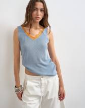 Topshop knitted vest in blue with orange contrast lace 