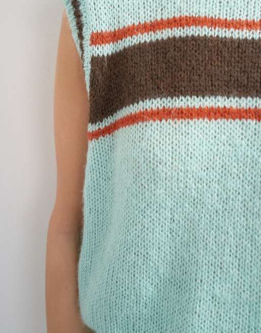 Topshop knitted vintage stripe vest in Turquoise, 3 of 4
