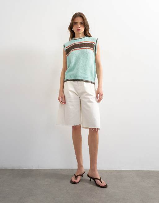 Topshop knitted vintage stripe vest in Turquoise, 4 of 4