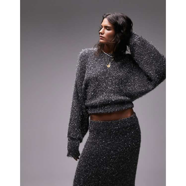 Topshop knitted volume sleeve crop tinsel jumper in charcoal ASOS