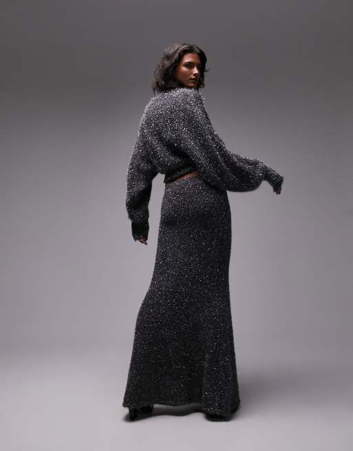 Topshop knitted volume sleeve crop tinsel jumper in charcoal  , 4 of 4