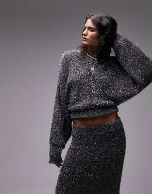 Topshop Knitted Volume Sleeve Crop Tinsel Sweater In Charcoal-gray