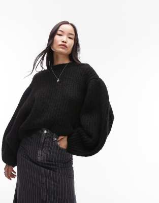 Topshop knitted volume sleeve fluffy jumper in black