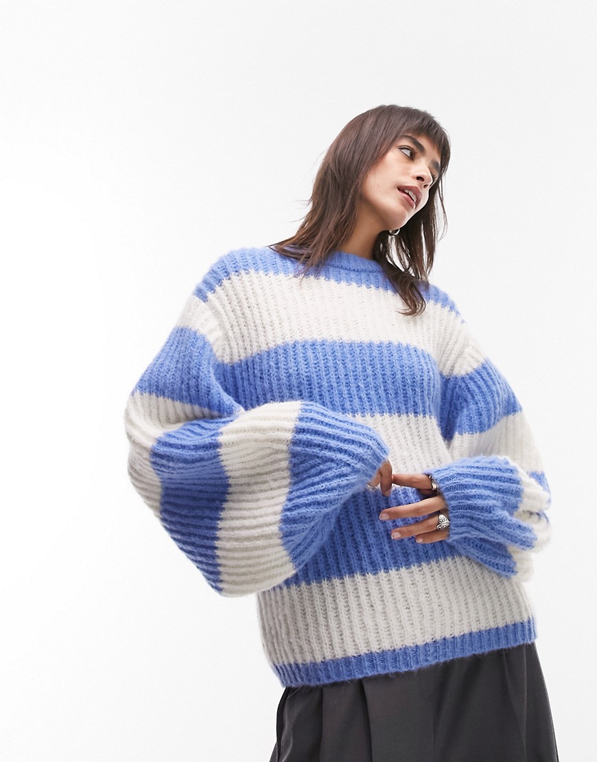 Topshop knitted volume sleeve fluffy stripe jumper in blue & white-Multi