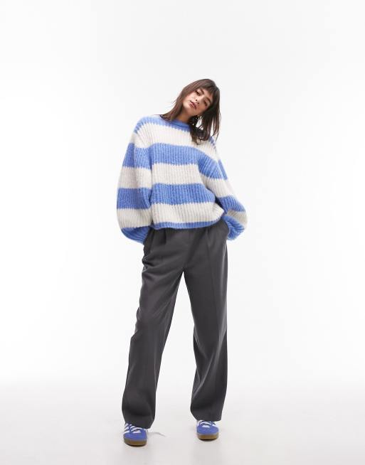 Topshop knitted volume sleeve fluffy stripe jumper in blue & white, 3 of 4