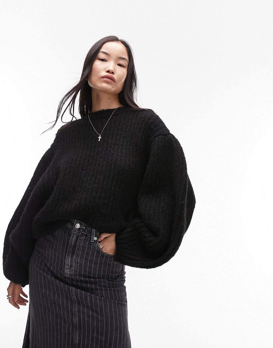 Topshop Knitted Volume Sleeve Fluffy Sweater In Black