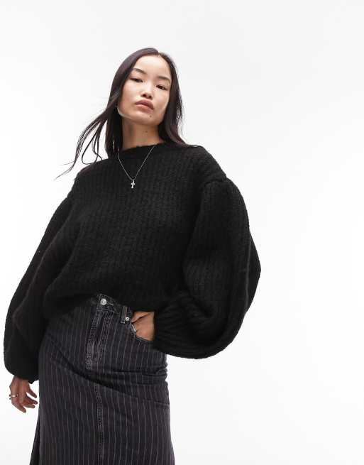 Topshop knitted volume sleeve fluffy sweater in black