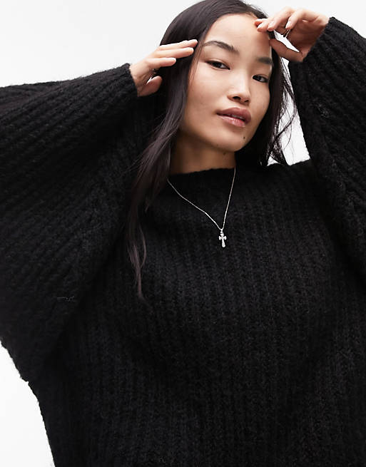 Topshop knitted volume sleeve fluffy sweater in black | ASOS