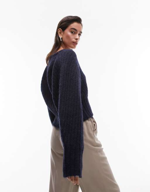 Topshop knitted volume sleeve rib sweater in navy