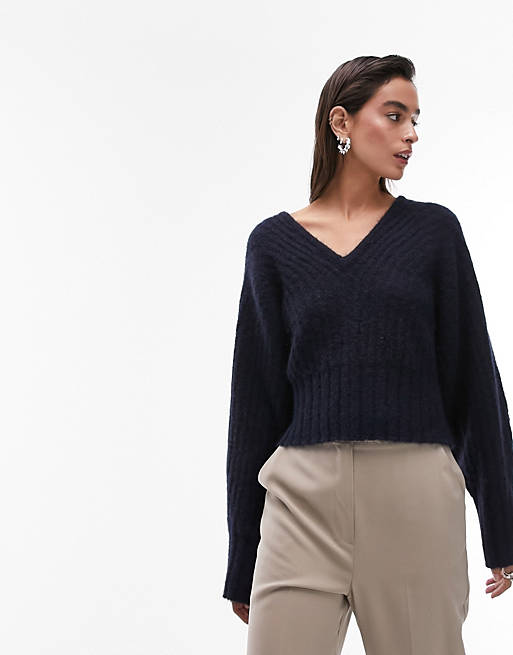 Topshop knitted volume sleeve rib sweater in navy