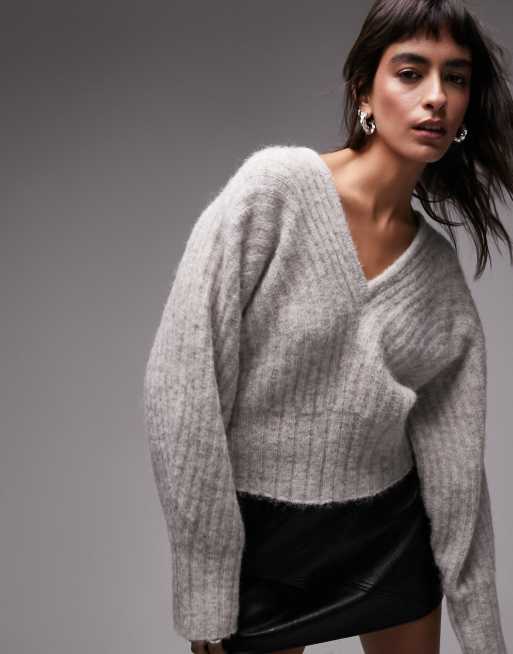 Topshop knitted volume sleeve rib sweater in oat