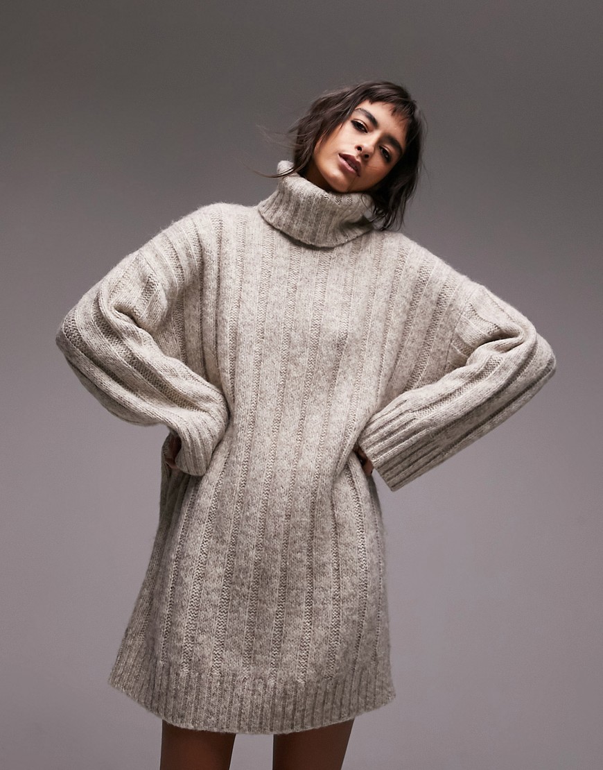 Topshop knitted wide rib roll neck dress in mink-Neutral