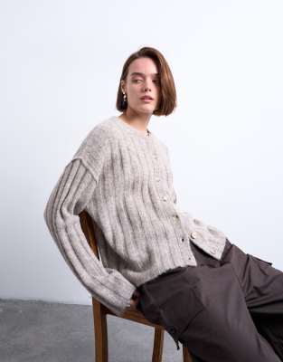 Topshop knitted wider rib cardigan in oat