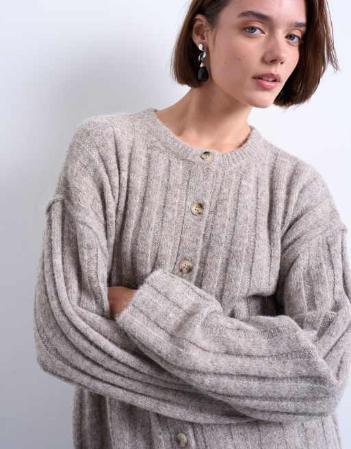 Topshop knitted wider rib cardigan in oat, 2 of 4
