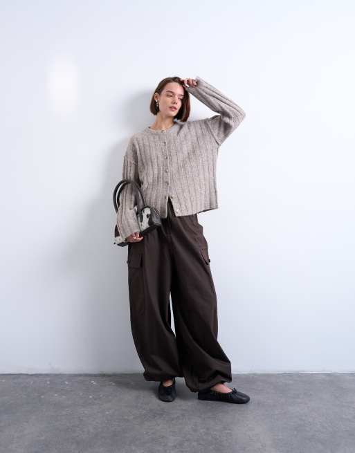 Topshop knitted wider rib cardigan in oat, 3 of 4