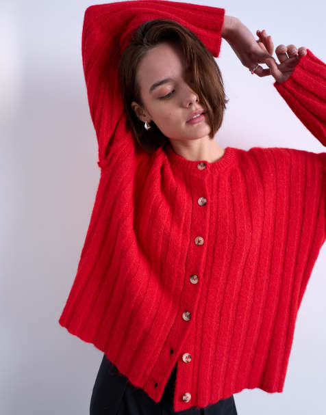 Topshop knitted wider rib cardigan in rust - view 1