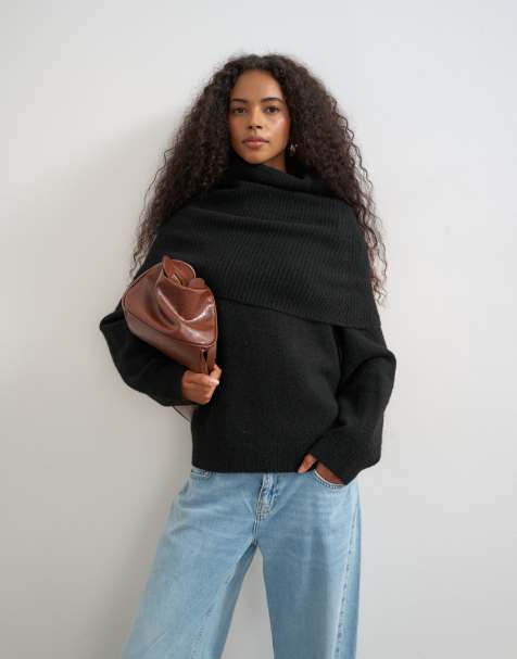 Topshop knitted wool blend deep fold bardot jumper in black - view 1