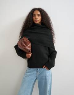 Model wearing Knitted wool blend deep fold bardot jumper in black