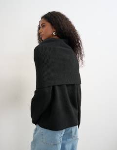 Model wearing Knitted wool blend deep fold bardot jumper in black