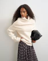 Topshop knitted wool blend deep fold bardot jumper in ivory