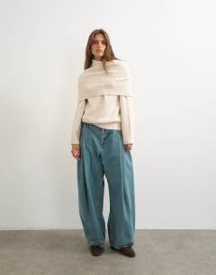 Model wearing Knitted wool blend deep fold bardot jumper in ivory