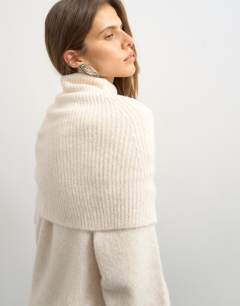 Model wearing Knitted wool blend deep fold bardot jumper in ivory