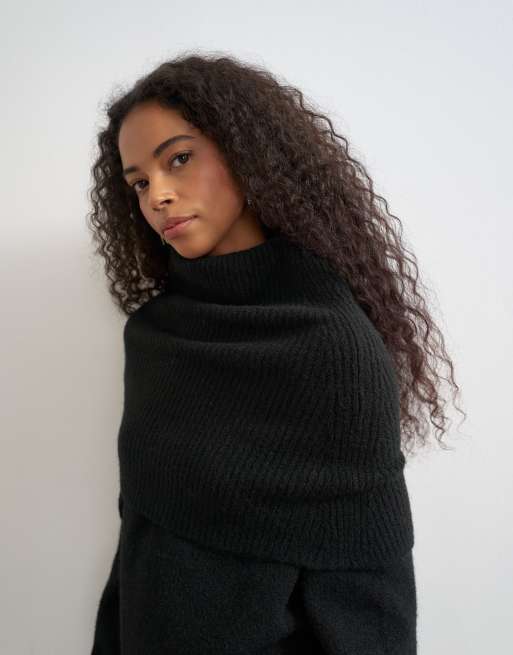 Topshop knitted wool blend deep fold bardot sweater in black, 2 of 4