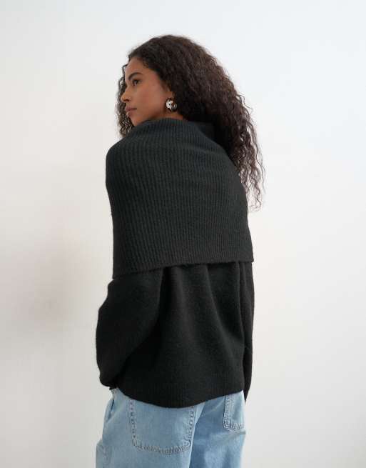 Topshop knitted wool blend deep fold bardot sweater in black, 3 of 4
