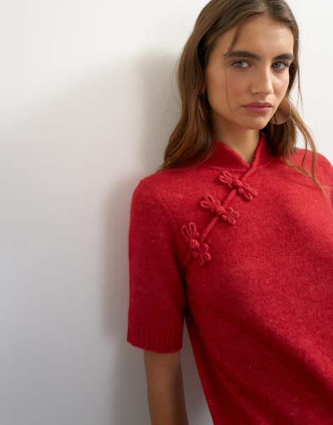 Topshop knitted wool-blend deep rib mandarin collar short sleeve top in red - view 1