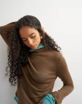Topshop knitted wool blend double layer sheer turtleneck top in blue and brown multi