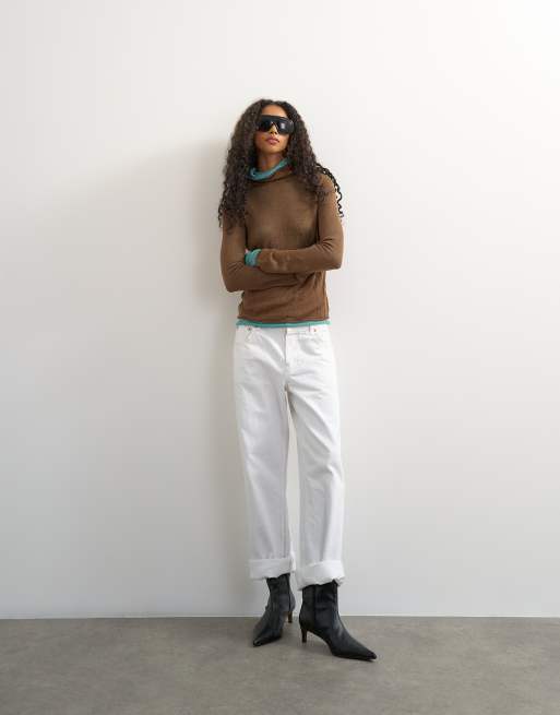 Topshop knitted wool blend double layer sheer turtleneck top in blue and brown multi, 3 of 4