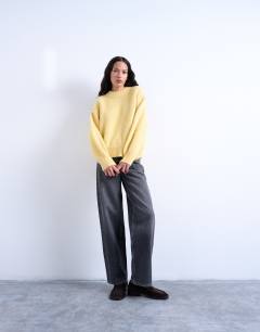 Model wearing Knitted wool blend fluffy exposed seam easy jumper in butter yellow