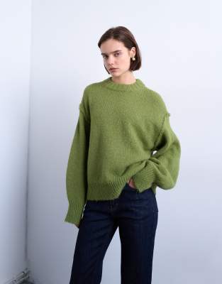 Knitted wool blend fluffy exposed seam easy jumper in green