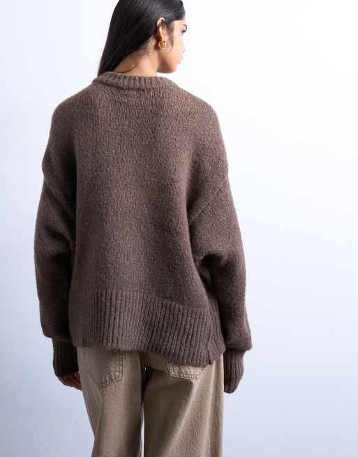 Topshop knitted wool blend fluffy ultimate jumper in mocha