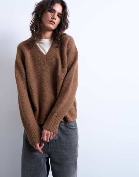 Topshop knitted wool blend fluffy v neck jumper in brown - view 1