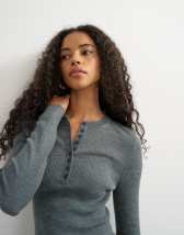 Topshop knitted wool blend henley long sleeve top in charcoal