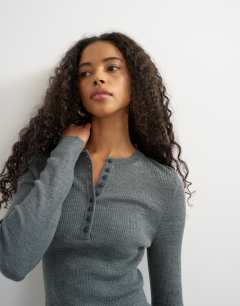 Knitted wool blend henley long sleeve top in charcoal