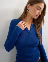 Topshop knitted wool blend henley long sleeve top in cobalt