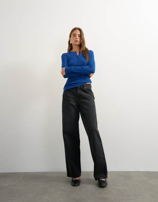Topshop knitted wool blend henley long sleeve top in cobalt, 3 of 4
