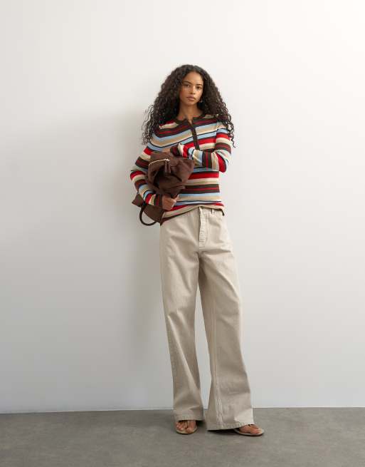 Topshop knitted wool blend henley long sleeve top in multi stripe, 2 of 4