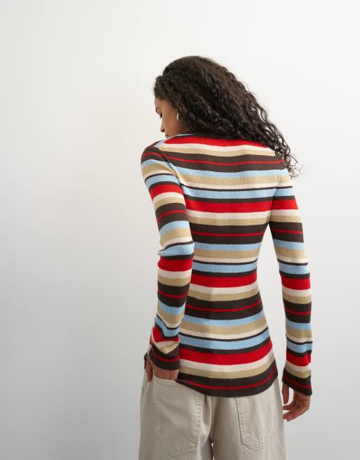 Topshop knitted wool blend henley long sleeve top in multi stripe, 4 of 4