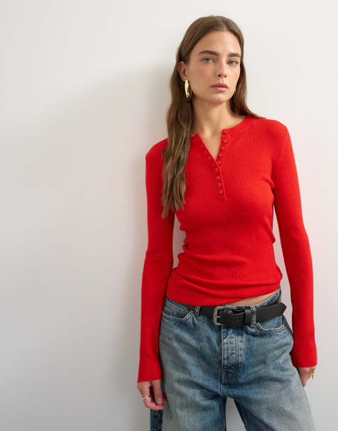 Topshop knitted wool blend henley long sleeve top in red - view 1
