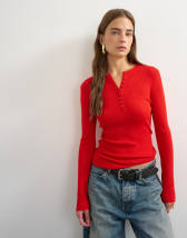 Topshop knitted wool blend henley long sleeve top red