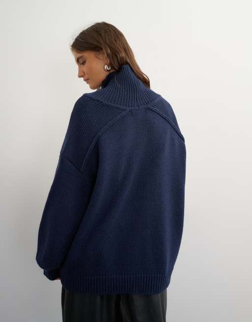 Topshop knitted wool blend high neck jumper in navy, 4 of 4