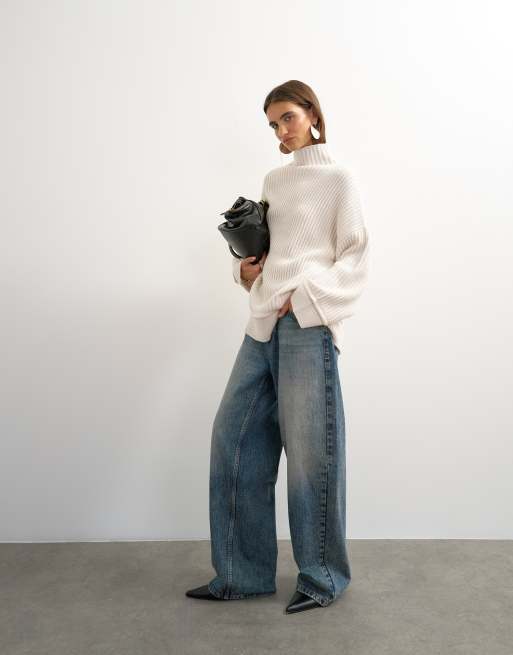 Topshop knitted wool-blend high neck roll seam detail oversized jumper in ivory, 1 of 4