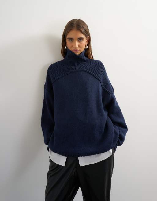 Topshop knitted wool blend high neck sweater in navy, 2 of 4