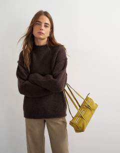 Knitted wool blend roll edge chunky jumper in chocolate
