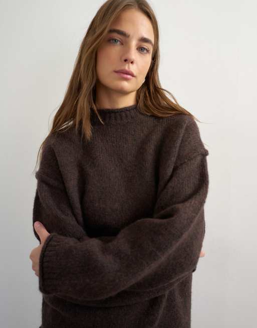 Topshop knitted wool blend roll edge chunky jumper in chocolate, 3 of 4